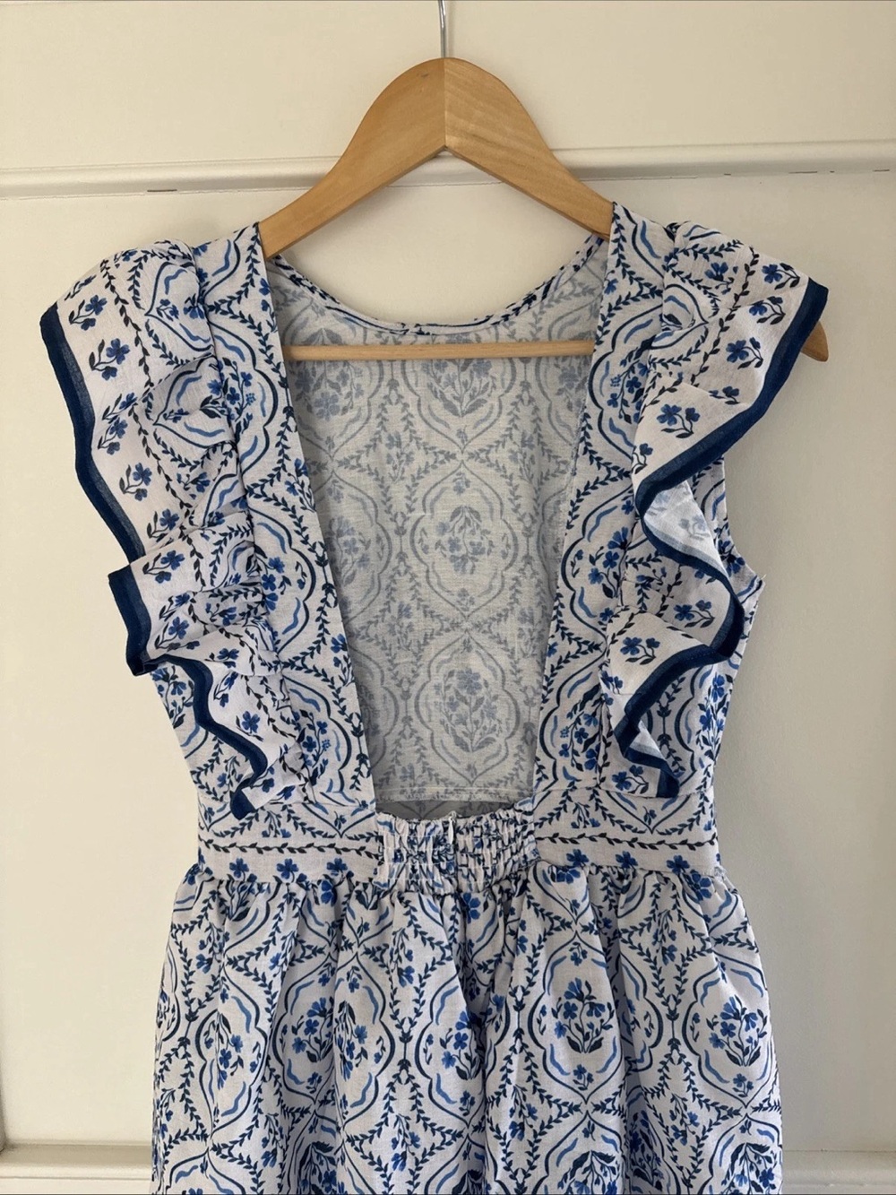 Angie White Midi Dress with Blue Floral Pattern and Ruffle Trim - Picture 4 of 5